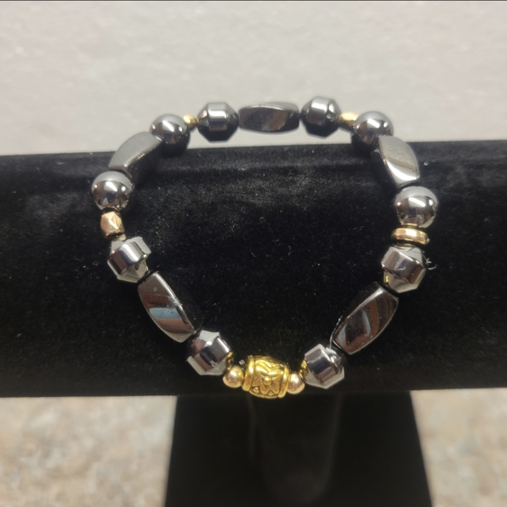 Hand Crafted Gold and Black Magnetic Hematite Beaded Stretch Bracelet